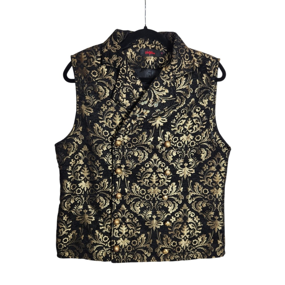 Vatpave Mens Black Gold Brocade Double Breasted Vest Damask Steampunk Medium